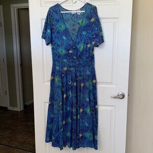 Newport News Women's Large Maxi Dress Floral Geometric Blue Button Vintage